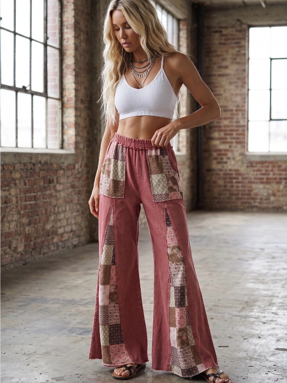 NWT J.Her Granny Tile Patchwork Boho Festival Wide Leg Flare Pants